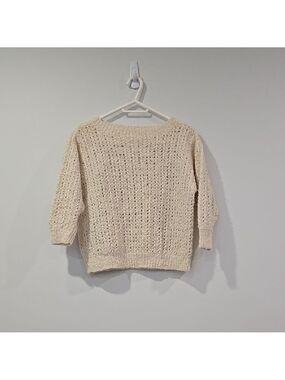 Vintage Handknit Peekaboo Cream Knit Cropped Fisherman Core Women's Sweater